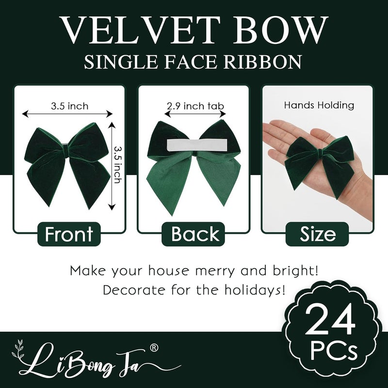 LiBongTa 3.5" Hunter Green Bows Velvet Ribbon Bow with Self Adhesive, Small Gift Bows Decor, Dark Green Christmas Bows for Treat Bag, Candy Pop, Basket, Party Favor, Craft Bow For Gift Wrapping-24 PCs - Image 2